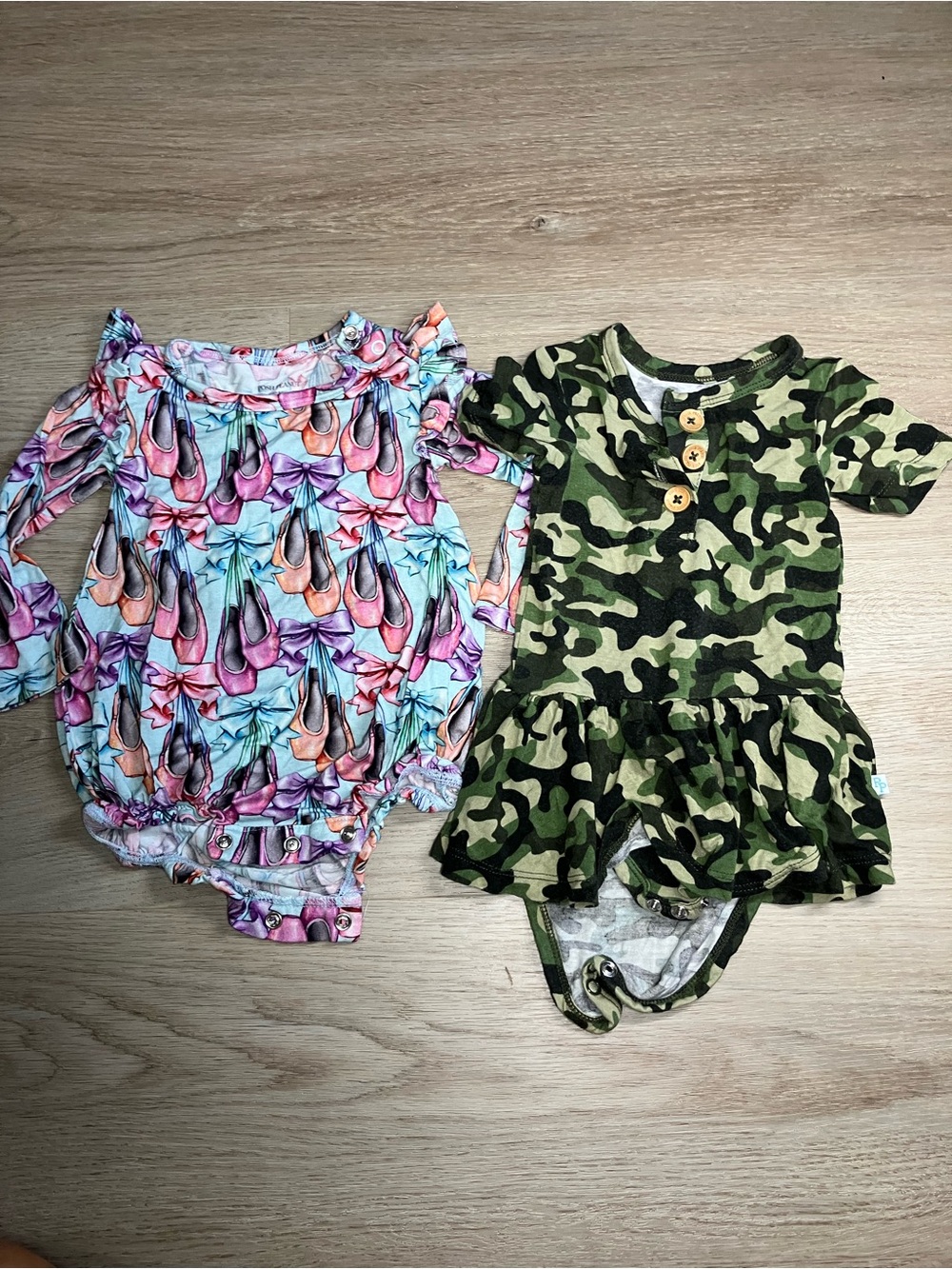 Posh Peanut Pink Multi Ballet Shoe & Green Camo Ruffle Bodysuit Set
